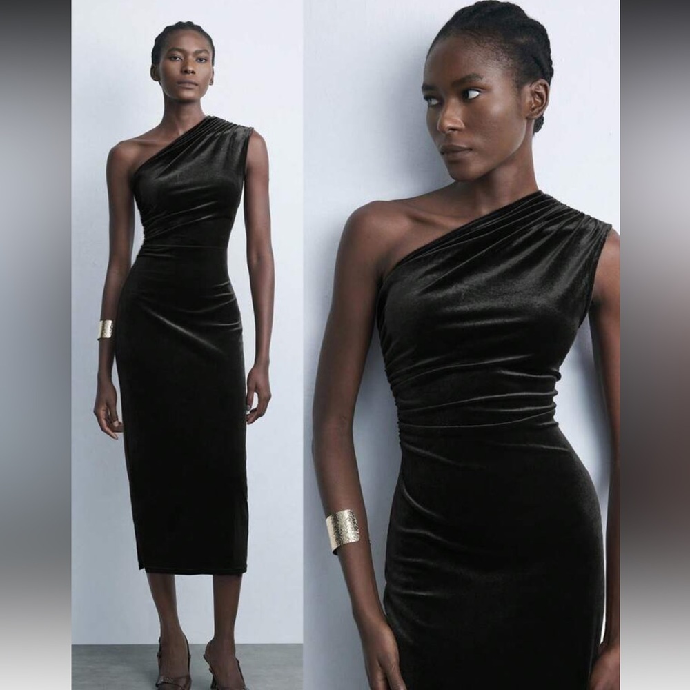 SHEIN One-Shoulder Black Velvet Midi Dress - Medium